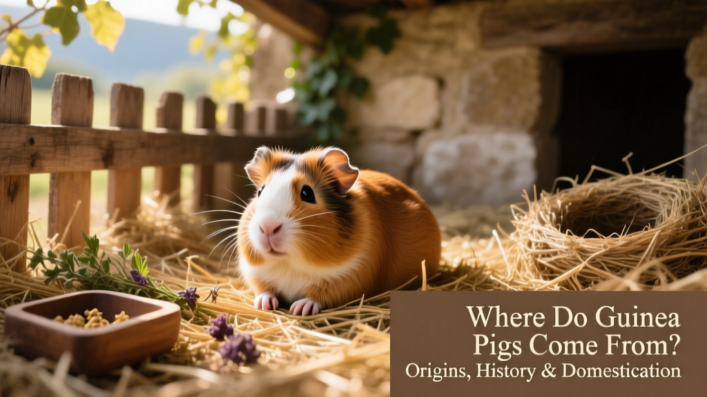 Guinea pig nestled in soft hay inside a cozy, naturalistic enclosure with wooden accents