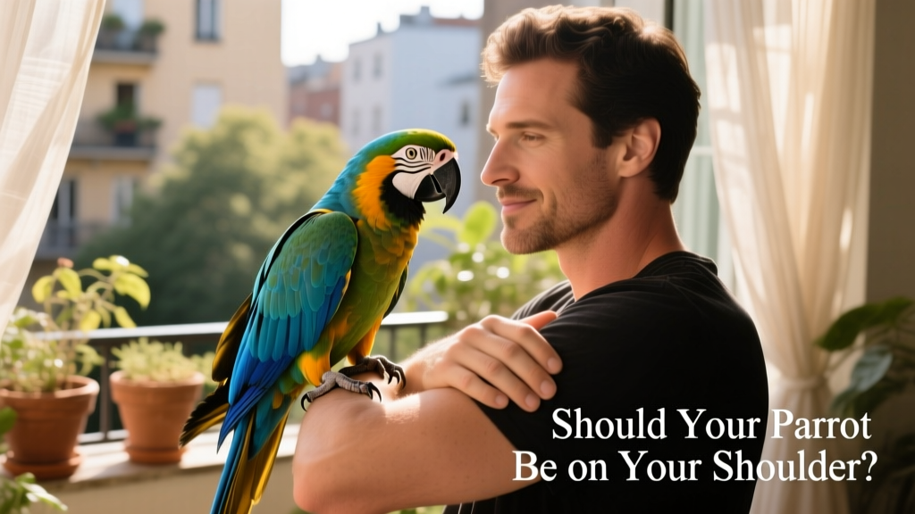 An adult holding a medium-sized parrot calmly on their forearm, maintaining relaxed eye contact