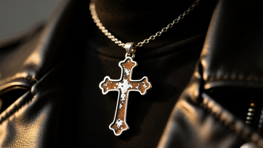 Close-up of an oxidized sterling silver upside down cross pendant on a dark leather jacket collar under moody studio lighting