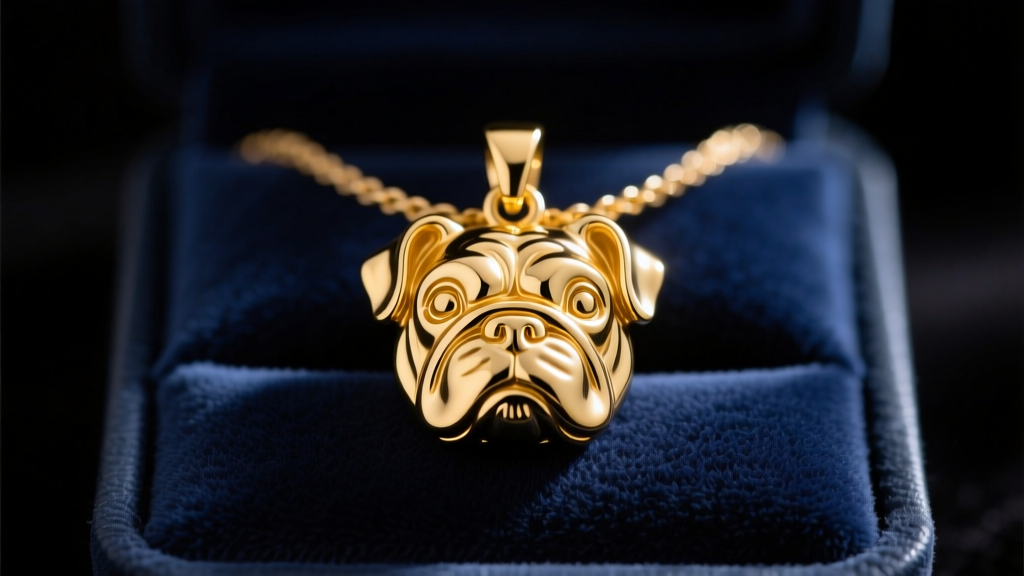 Macro shot of a detailed 14k yellow gold english bulldog necklace pendant resting on a dark velvet jewelry display pad