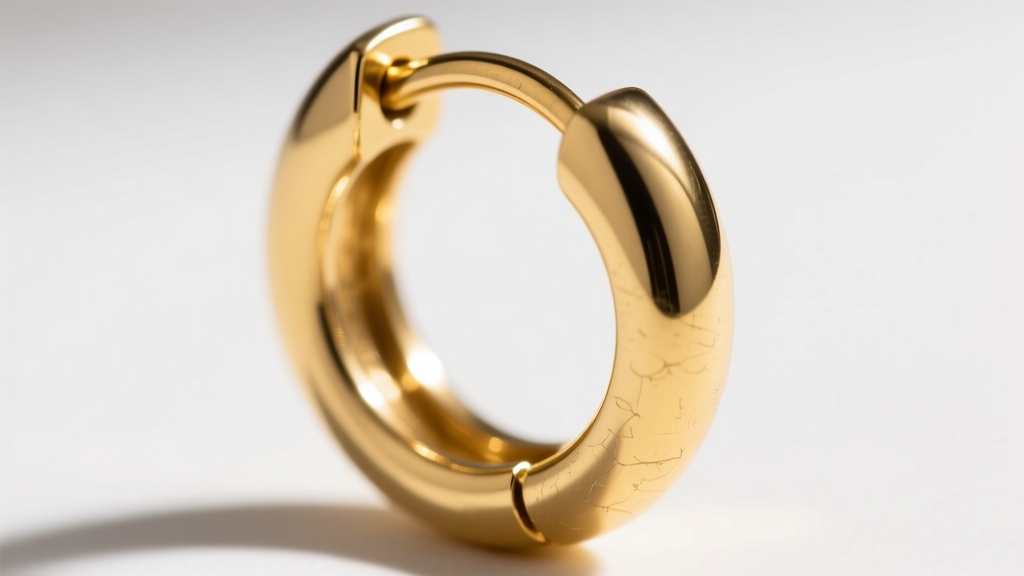 Macro shot of a 16-gauge solid gold hoop earring hinged saddleback clasp, highlighting precise engineering and metal thickness.