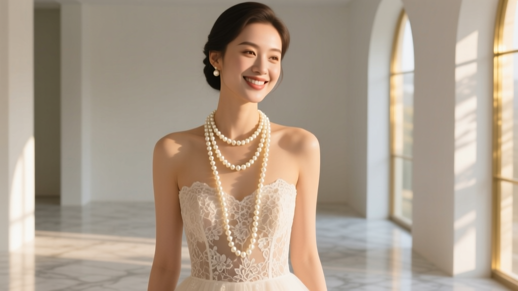 Bride in strapless lace gown wearing a 32-inch opera-length pearl necklace doubled, smiling softly in warm natural sunlight