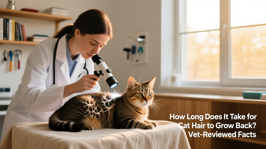 Veterinarian gently examining a cat’s regrowing coat with a dermatoscope, checking skin health and follicle activity