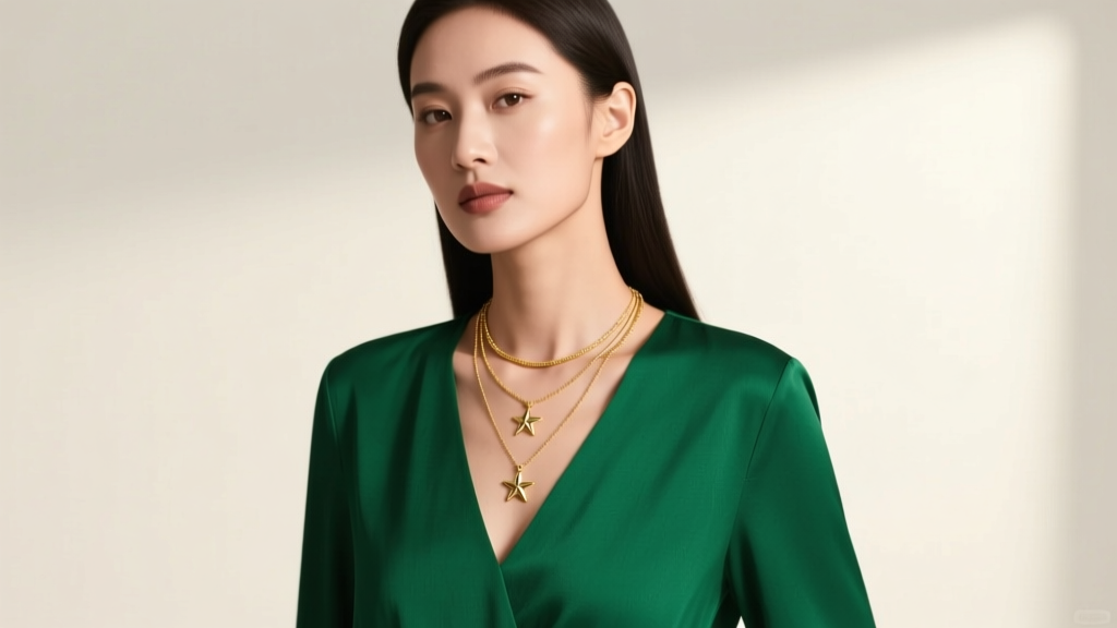 Woman in a green v-neck blouse wearing three layered gold necklaces with a star pendant under soft studio lighting.