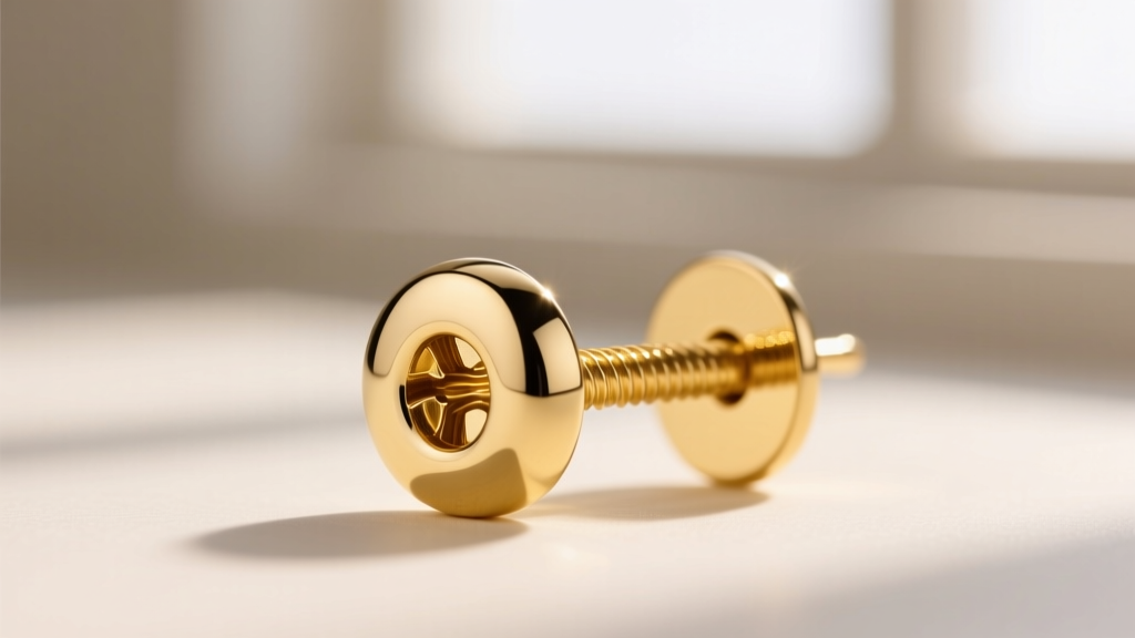 Macro shot of an internally threaded 14k yellow gold earring post showing the smooth screw mechanism and high polish mirror finish.