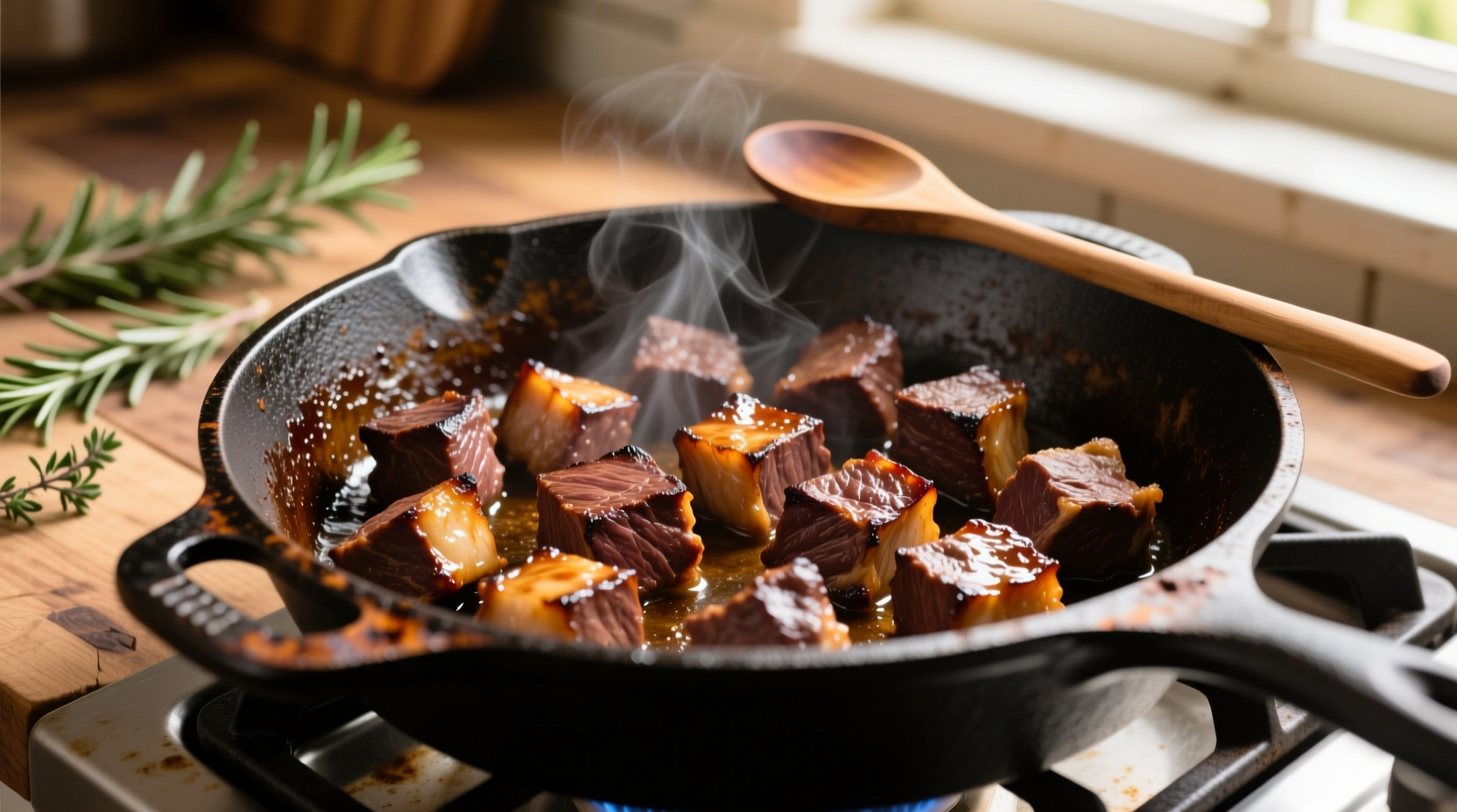 Beef cubes browning in cast iron pot