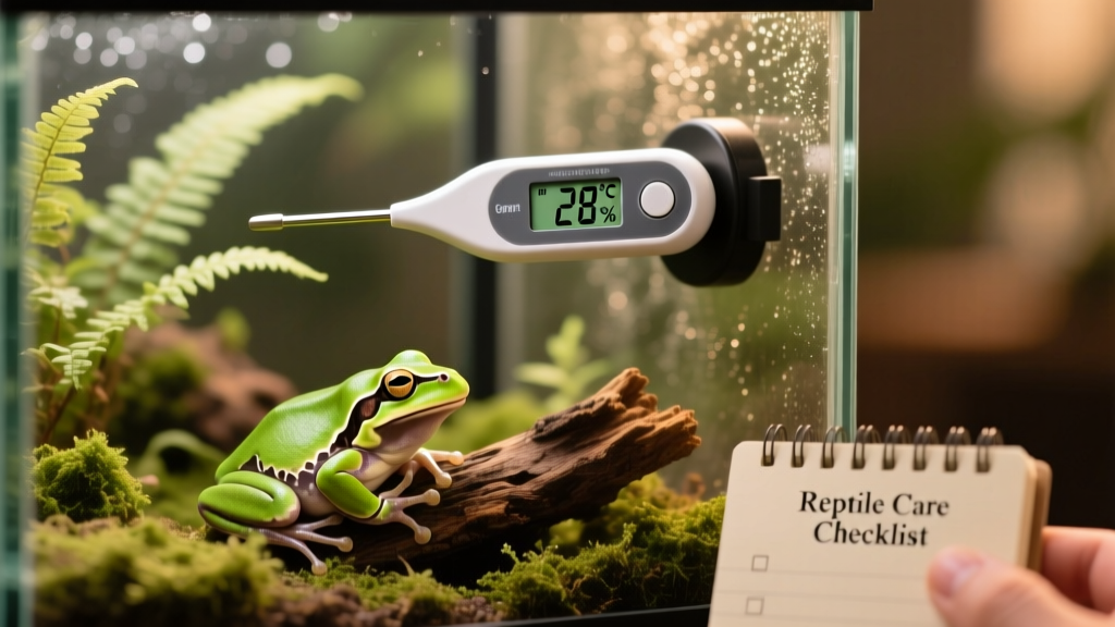 Close-up of a thermometer and hygrometer mounted inside a terrarium, showing precise temperature and humidity readings