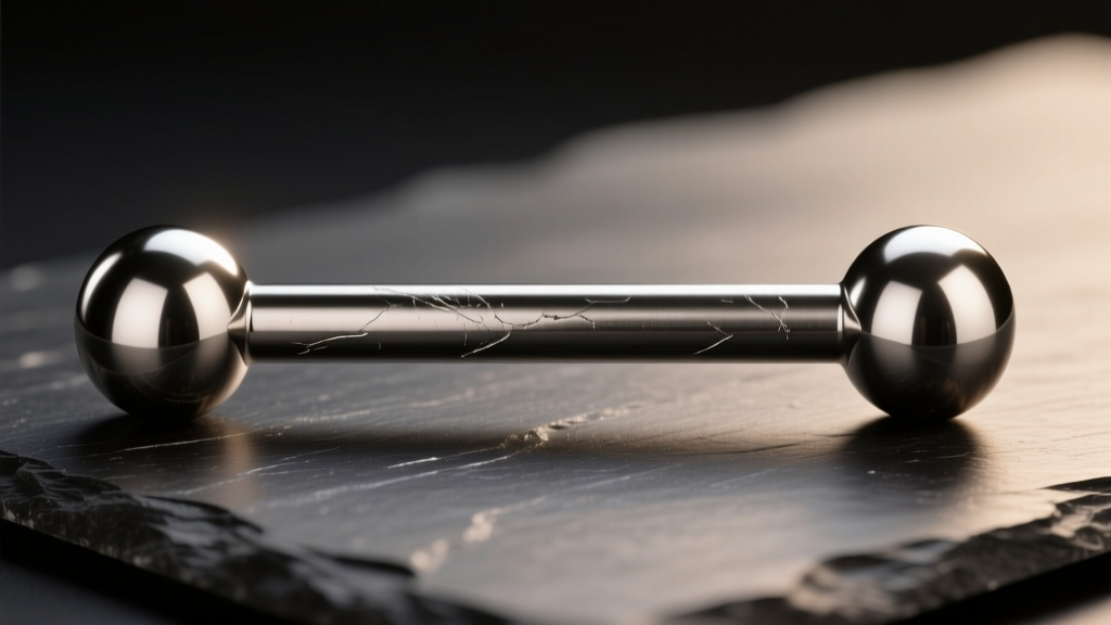 Macro shot of a polished titanium straight barbell with spherical ends resting on dark slate under soft studio lighting.