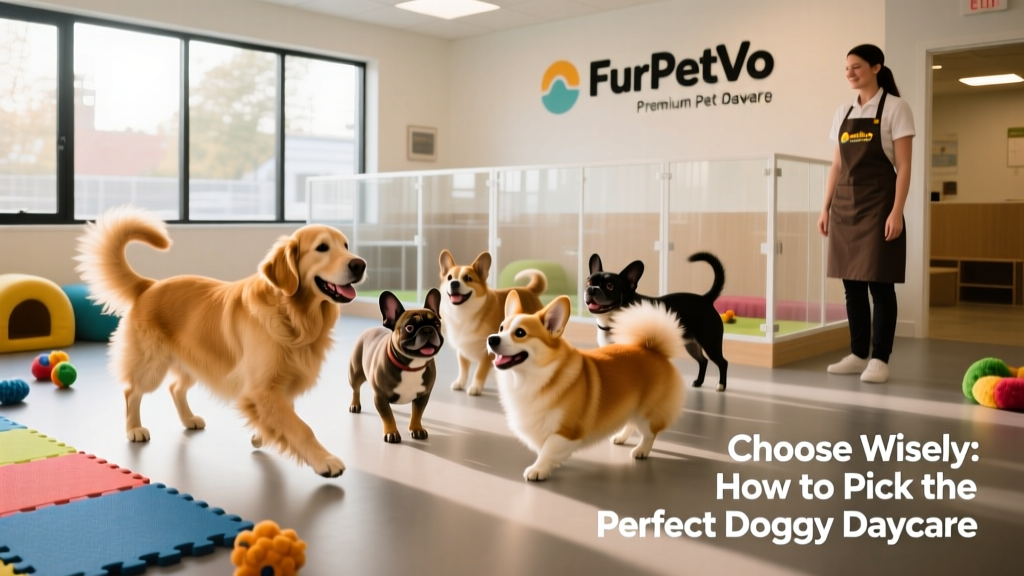 A cheerful, well-supervised group of dogs playing together in a bright, clean indoor play area at FurPetVo
