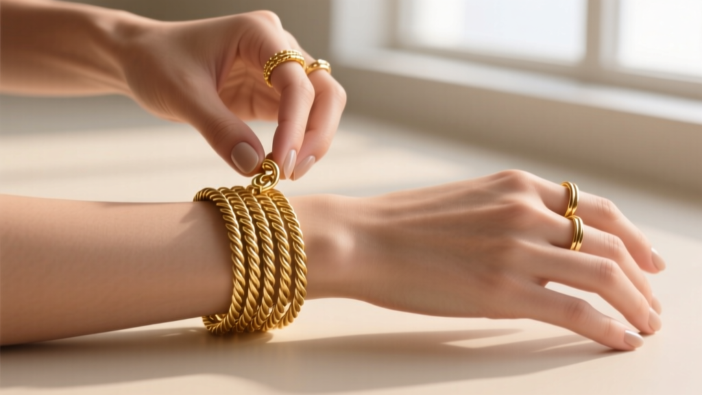 Close-up of hands wrapping a fine 18-inch 14k gold rope chain around a wrist to create a layered multi-wrap bracelet style