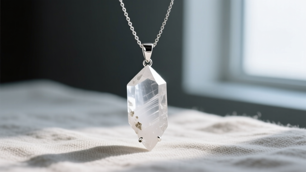 Sterling silver pendant featuring a raw, unpolished milky quartz point hanging on a fine chain against a neutral linen background