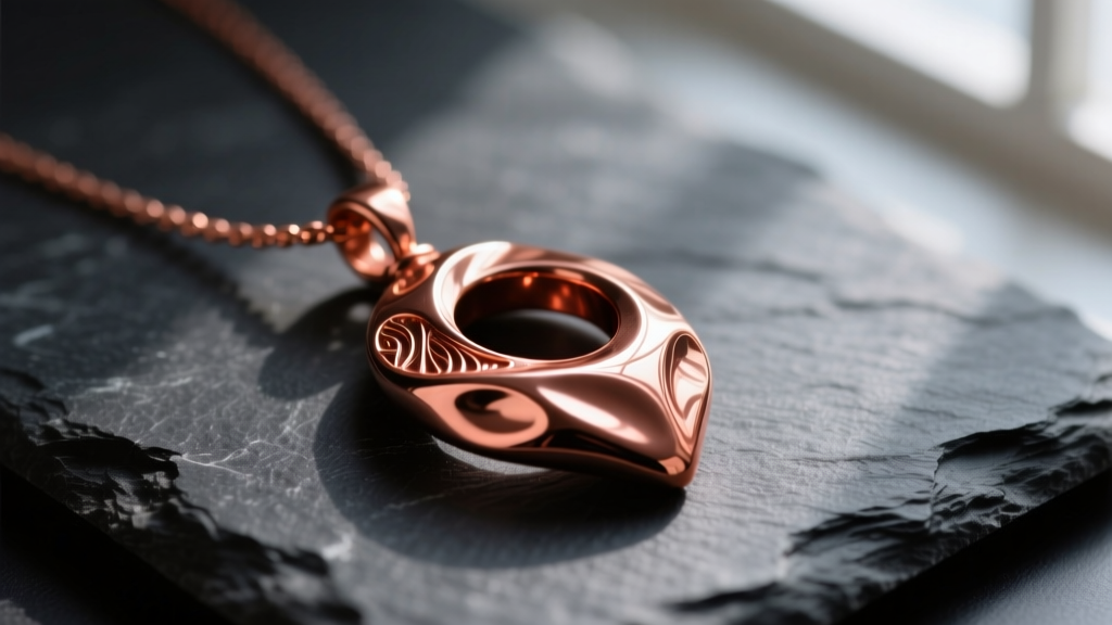 Macro shot of a polished pure copper pendant necklace on dark slate, highlighting its warm reddish-brown metallic luster.