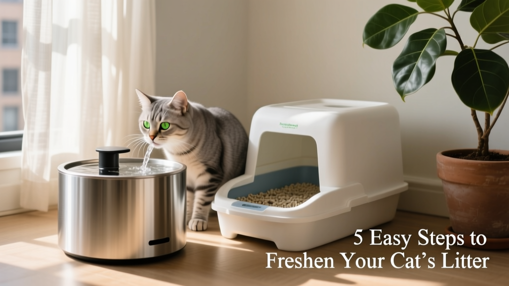 Cat drinking from a sleek, modern water fountain next to a clean litter box