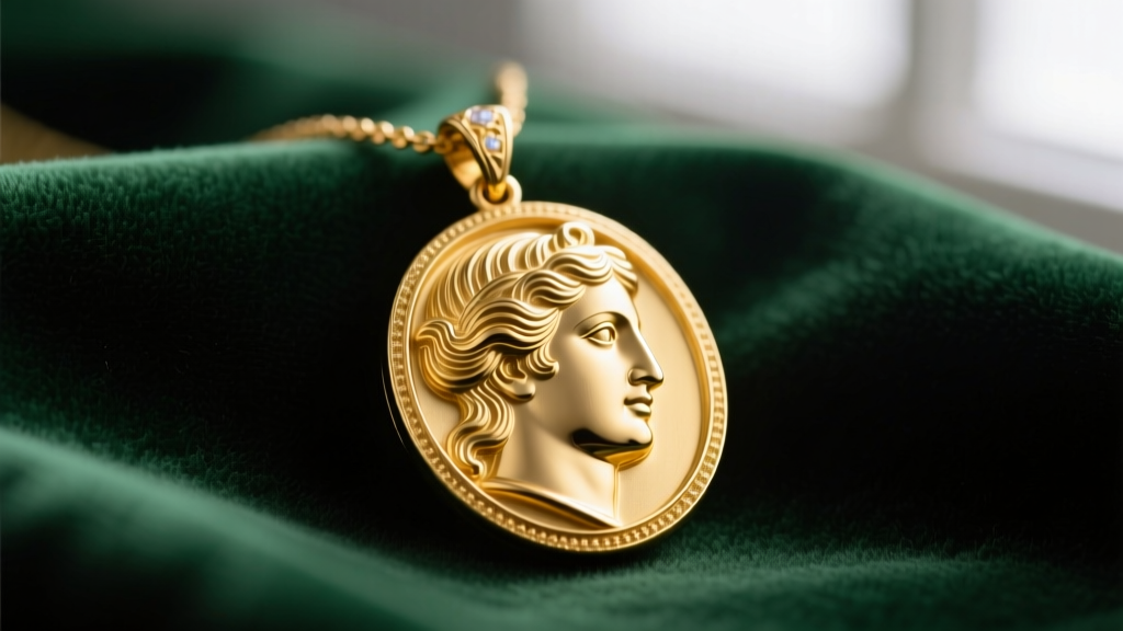 Close-up of an 18k gold Mayfair bas relief pendant necklace with a neo-classical profile, resting on dark green velvet fabric.