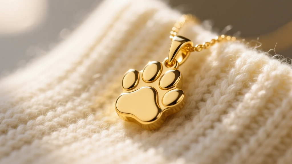 Close-up of a solid 14k yellow gold paw print pendant resting on a soft cream knit sweater, illuminated by warm natural sunlight.