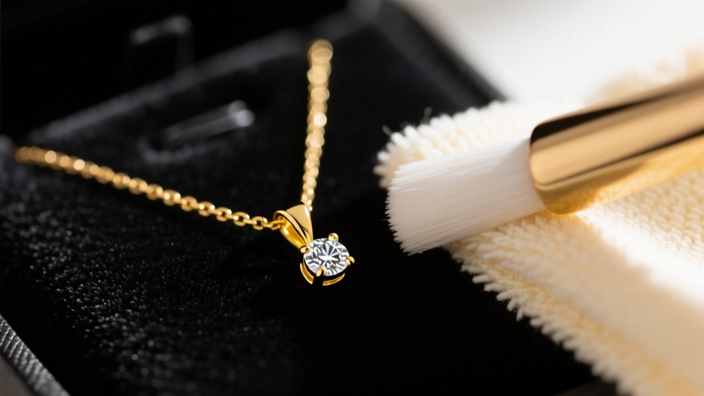 Soft microfiber cloth gently polishing a 14k yellow gold pendant necklace with a small diamond accent on dark velvet.
