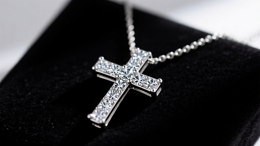 Close-up of a sterling silver CZ cross necklace on dark velvet, highlighting the brilliant pave setting and crisp metal edges.