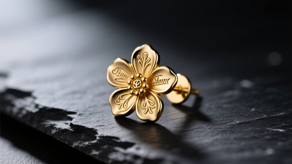 Gold-tone brass monogram flower stud earrings on dark slate, featuring soft directional lighting and sharp macro focus details.