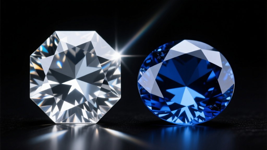 Macro view comparing faceted cubic zirconia and lab-created blue sapphire, highlighting light refraction differences.