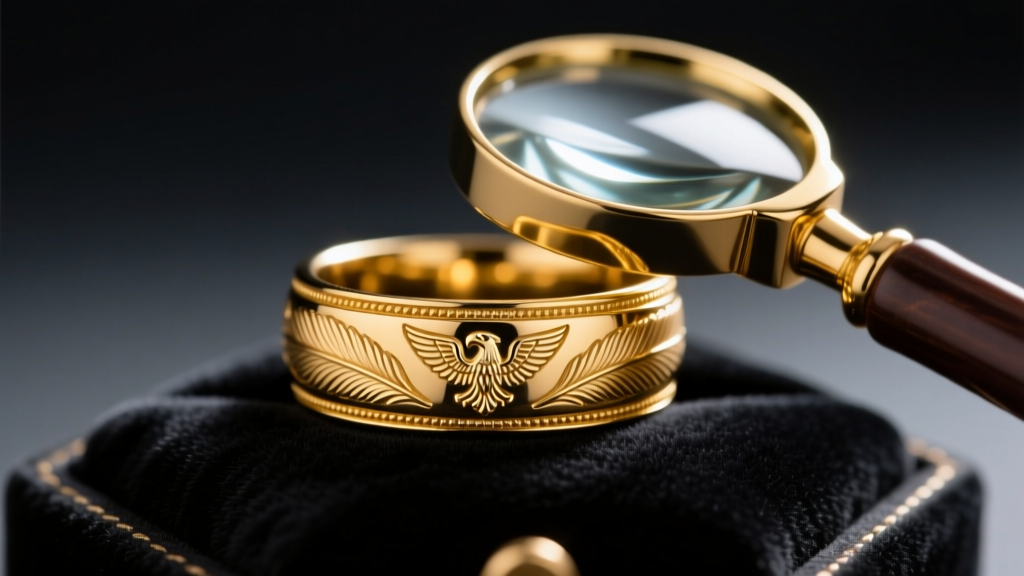 A loupe examining the eagle head hallmark on an 18k yellow gold vintage French wedding band resting on a dark velvet pad.