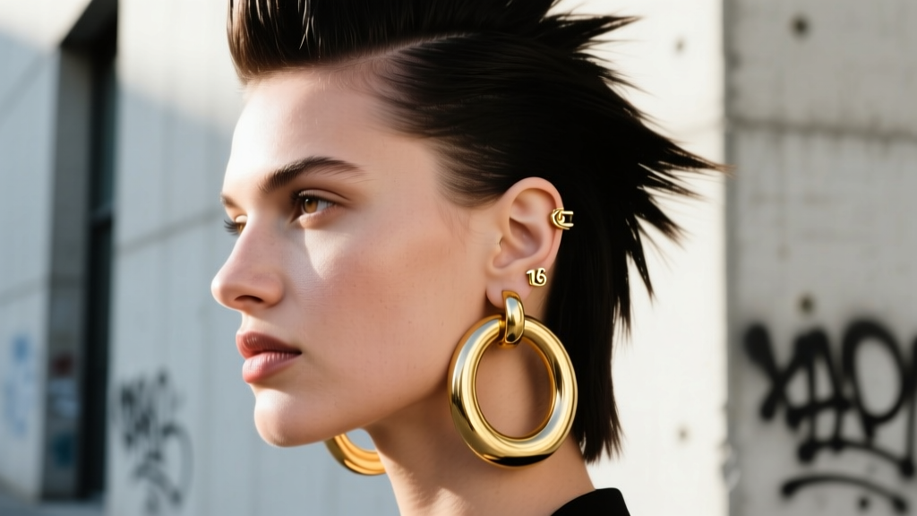 Street-style photo of a model with a mullet wearing layered 16-gauge gold huggie and 35mm hoop earrings in the upper cartilage