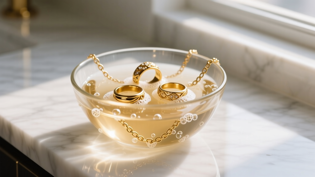 Gold rings and chains soaking in a clear glass bowl of warm soapy water on a marble countertop under soft natural light
