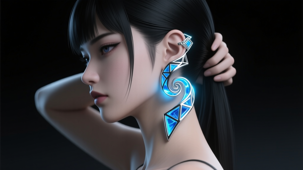 Silver cyberpunk anime-inspired helix ear cuffs with blue resin inlays, worn on a model under moody studio lighting.