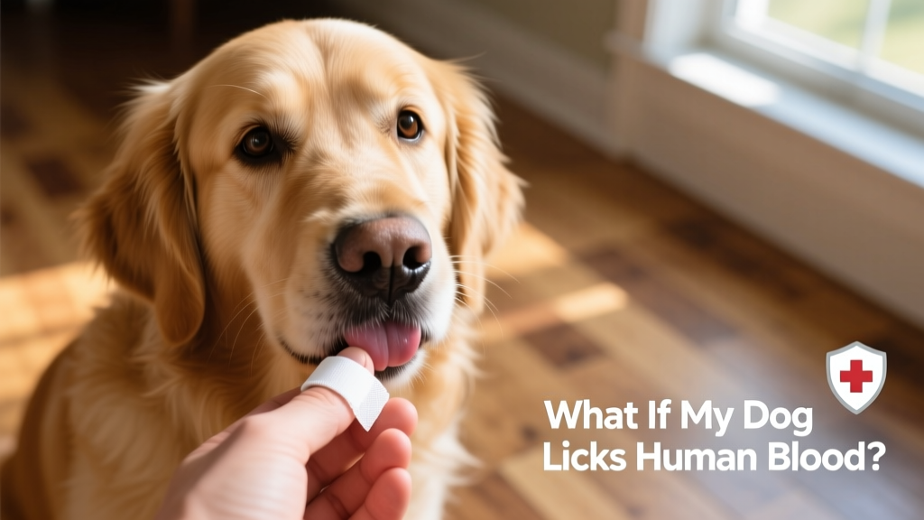 Close-up of a dog gently licking a person's hand with a small, clean bandage on the finger