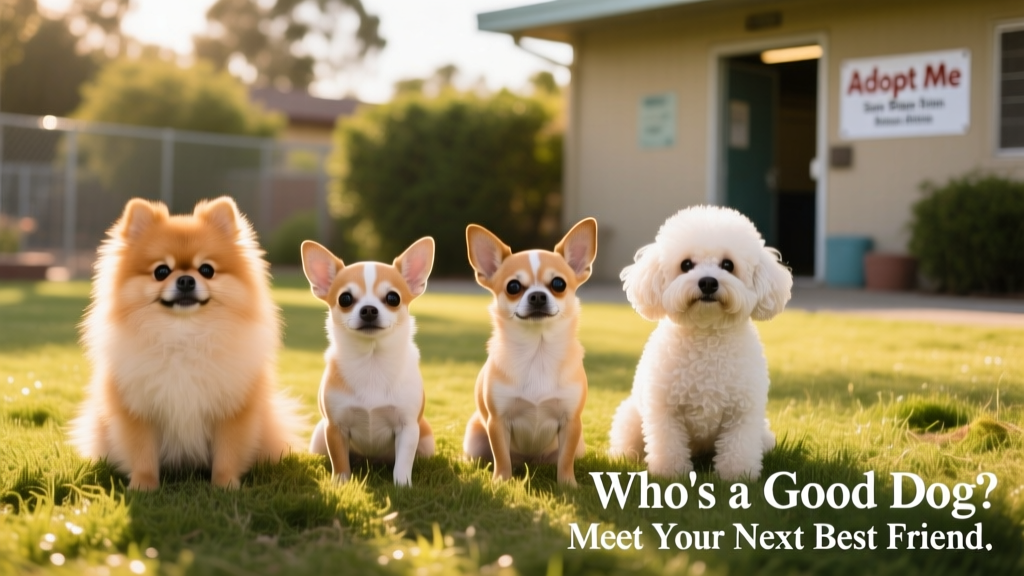 Four small, friendly dogs sitting side by side on a sunny grassy patch at a San Diego shelter