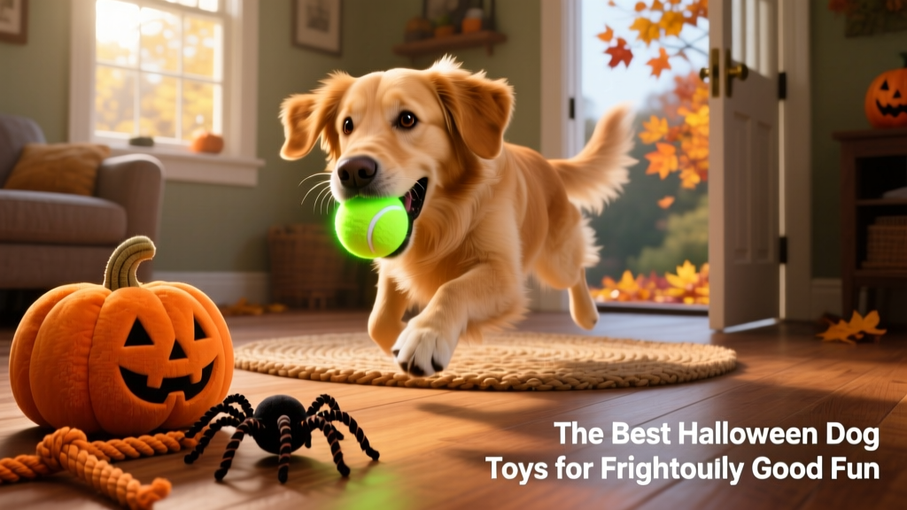 A playful dog interacting with several Halloween-themed dog toys, including a glowing tennis ball, a plush pumpkin, and a spider rope toy