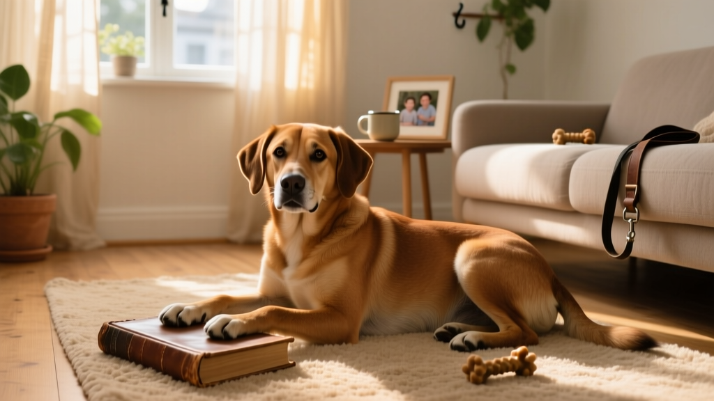 An adopted adult dog settling comfortably at home