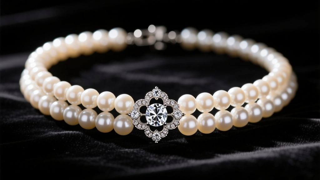 Close-up of a multi-strand pearl choker with an ornate diamond clasp resting on dark velvet under dramatic, cinematic lighting.