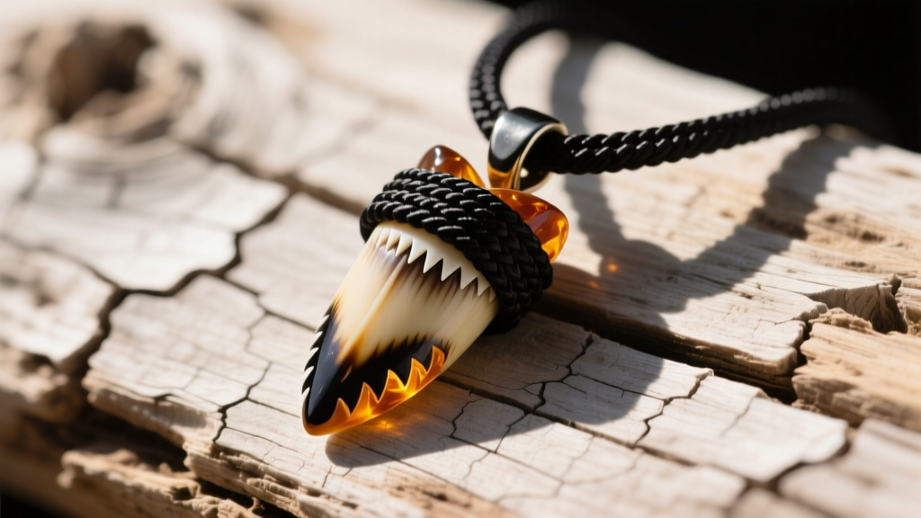 Macro shot of a fossilized megalodon shark tooth pendant wrapped in black waxed polyester cord resting on weathered driftwood