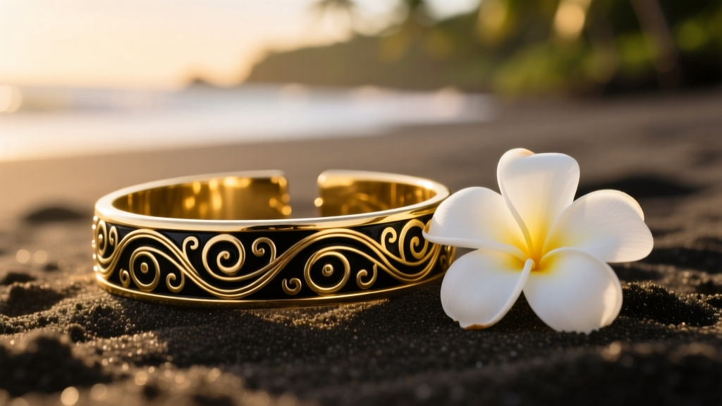 Close-up of a 14k gold Hawaiian heirloom bracelet with black enamel scrollwork resting on dark sand beside a white plumeria flower