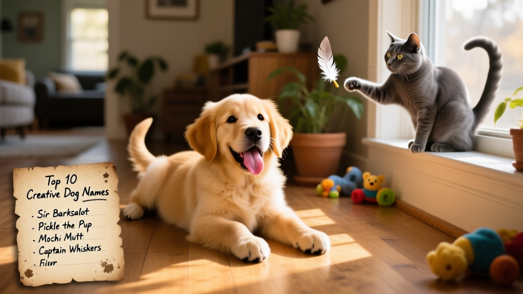A collage of playful pet photos representing trending topics: a golden retriever puppy, a sleek gray cat, and a handwritten list of creative dog names