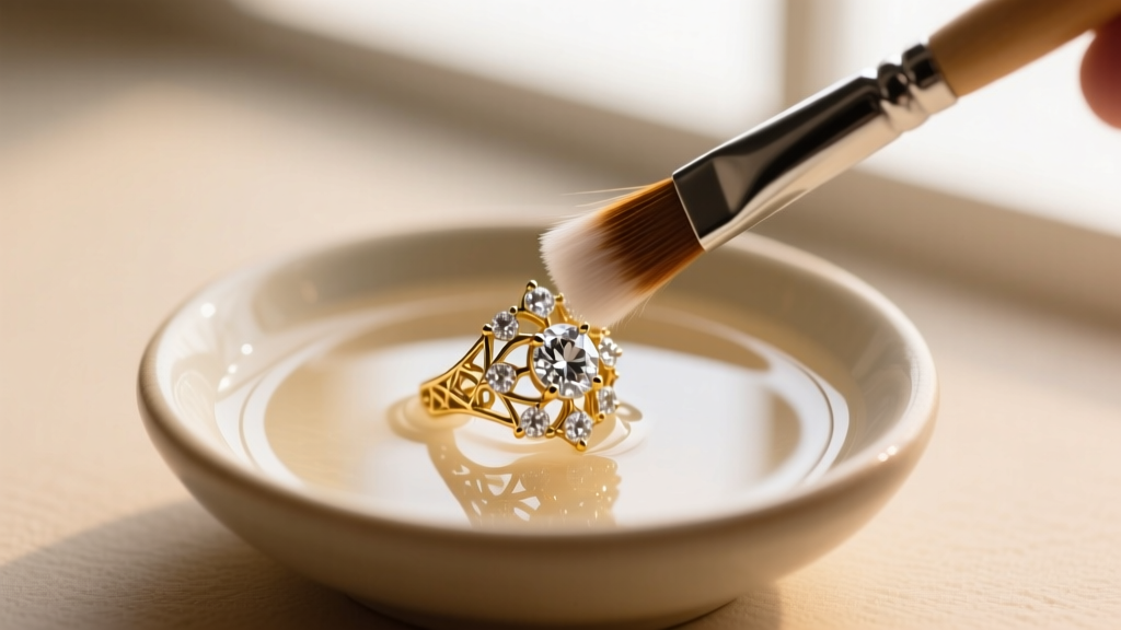 Soft brush cleaning the intricate filigree backing of a converted vintage diamond earring in a small bowl of warm soapy water