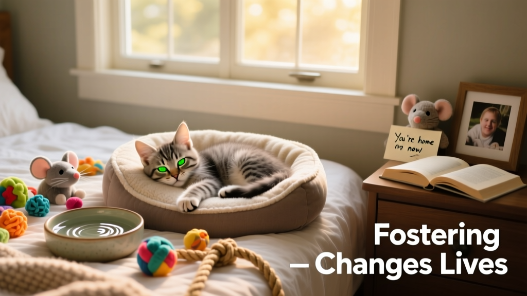 A cozy, tidy bedroom setup with a soft pet bed, water bowl, and toys beside a window—showing a peaceful foster kitten napping