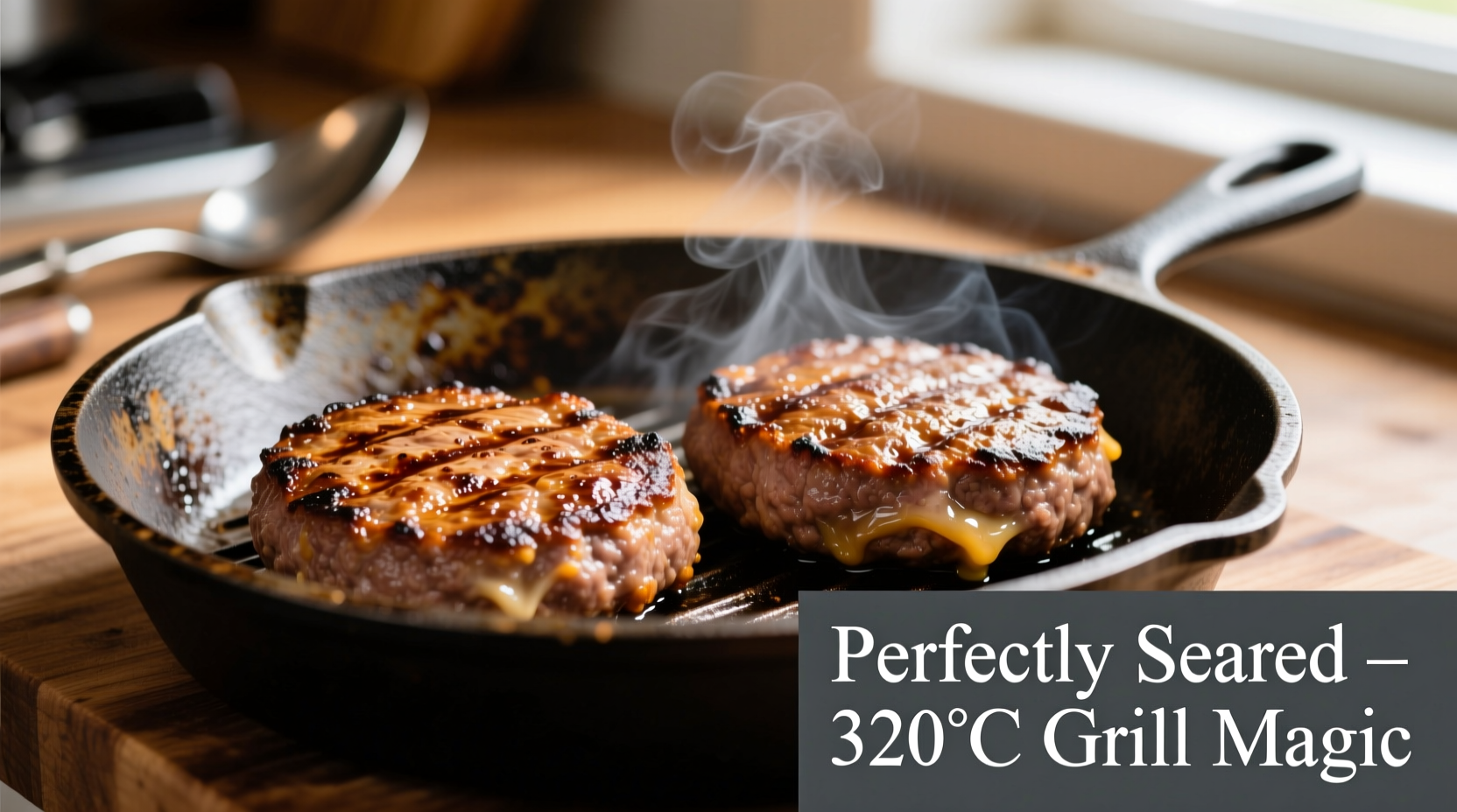 Perfectly seared burger patties on cast iron skillet