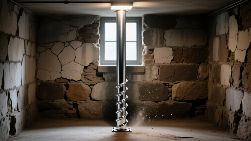 Weathered 1920s stone foundation wall in a dimly lit basement showing crumbling mortar joints and a newly installed galvanized steel helical pier bracket