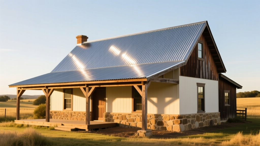 Rustic farmhouse featuring a newly installed corrugated Galvalume tin roof material gleaming under bright midday sunlight.
