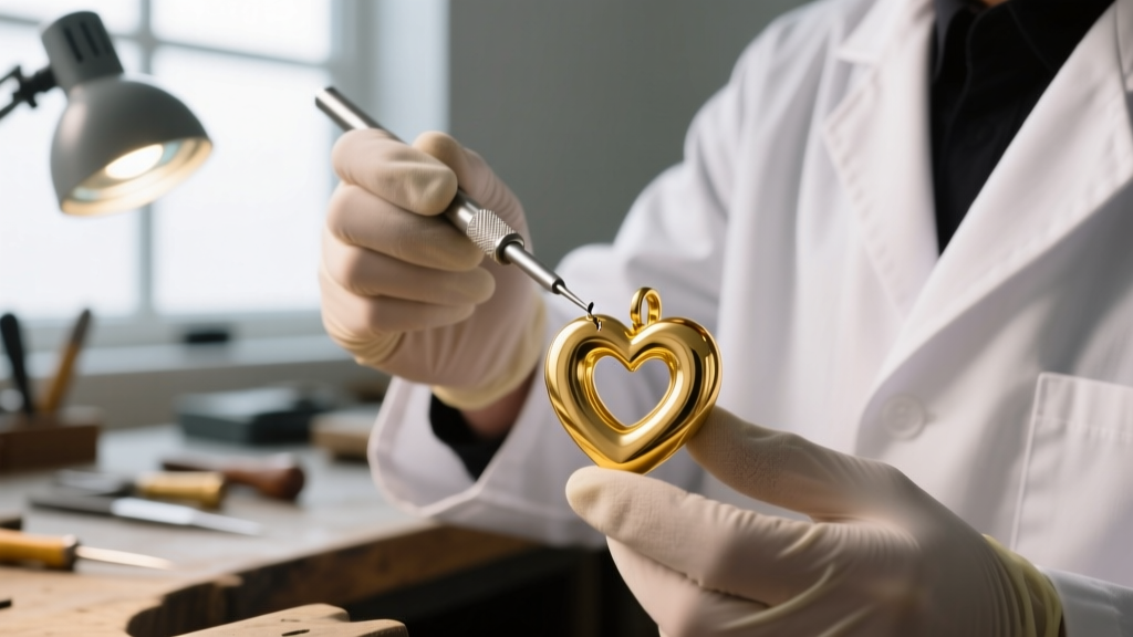 Jeweler using a steel burnishing tool to gently smooth a minor dent on the back curve of a hollow gold puffy heart earring.
