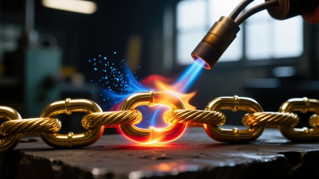 Macro shot of a micro-torch heating a 14k gold cable chain link, showing blue flux on the metal in a dark workshop.