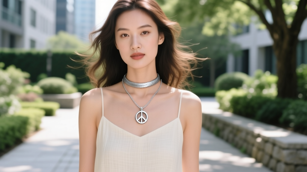 Woman wearing a sterling silver peace sign pendant on a snake chain with a choker, natural daylight outdoor portrait