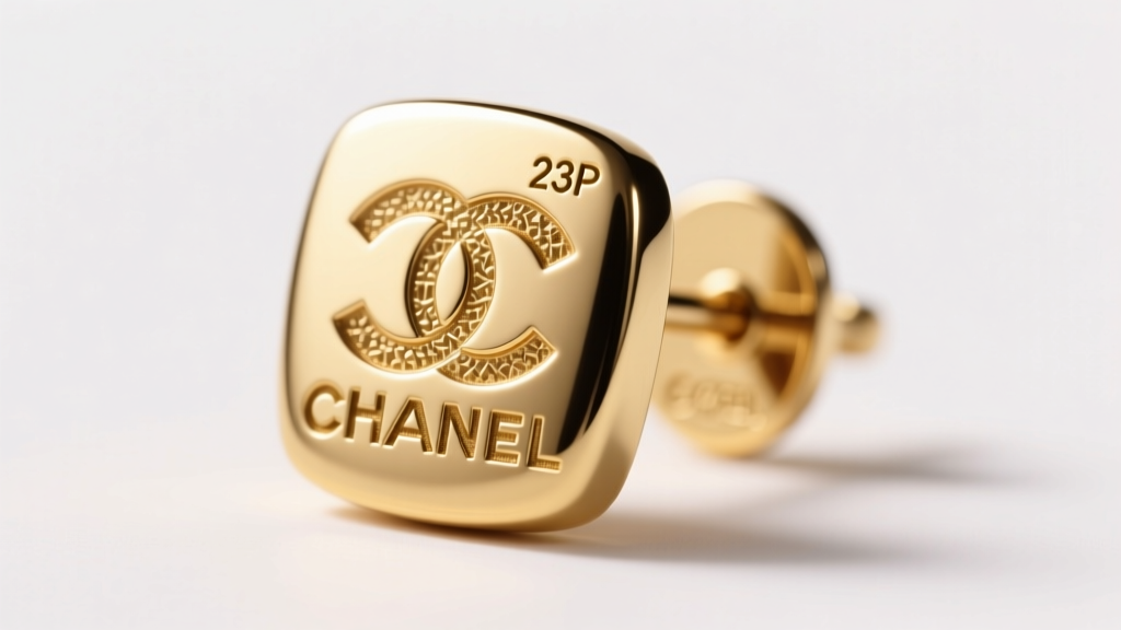 Extreme macro photo of a vintage Chanel earring post, showing the stamped CHANEL logo and 23P hallmark code etched in gold.