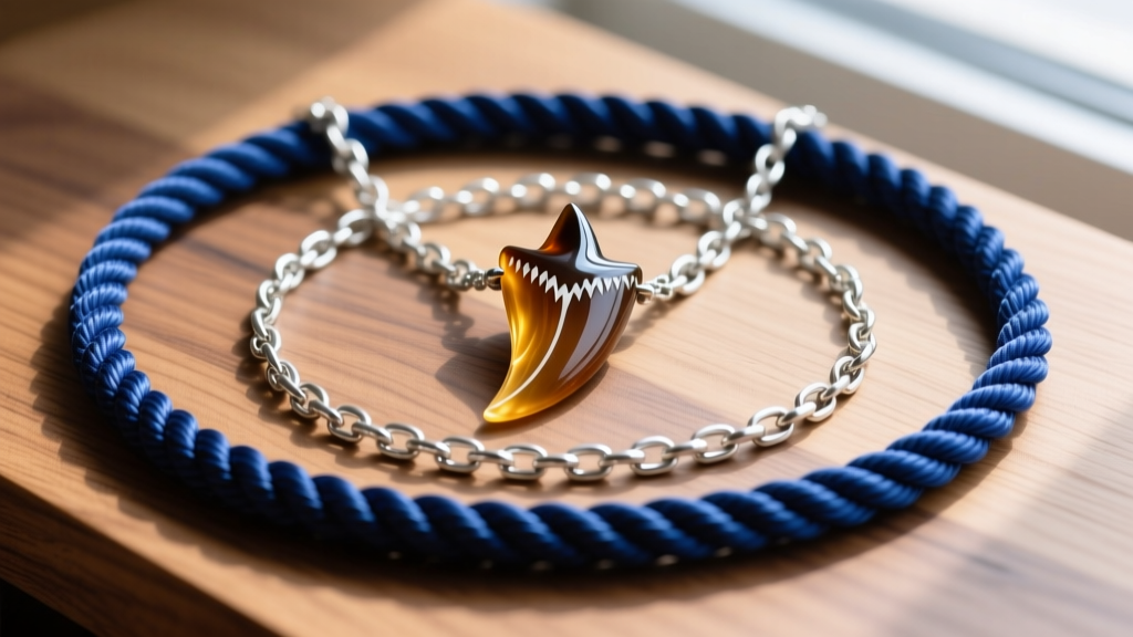 Braided marine nylon cord and thick sterling silver rolo chain next to a large, resin-stabilized shark tooth pendant on oak wood.