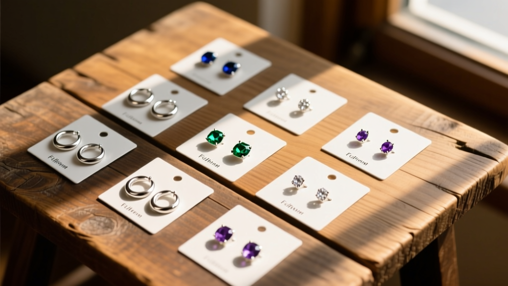 Top-down flat lay of wooden table showing blank and branded display earring cards holding silver hoops and gemstone studs in warm light