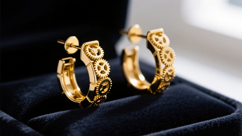 Close-up of polished 18k yellow gold Italian hoop earrings on dark velvet, highlighting the intricate hinged snap clasp mechanism