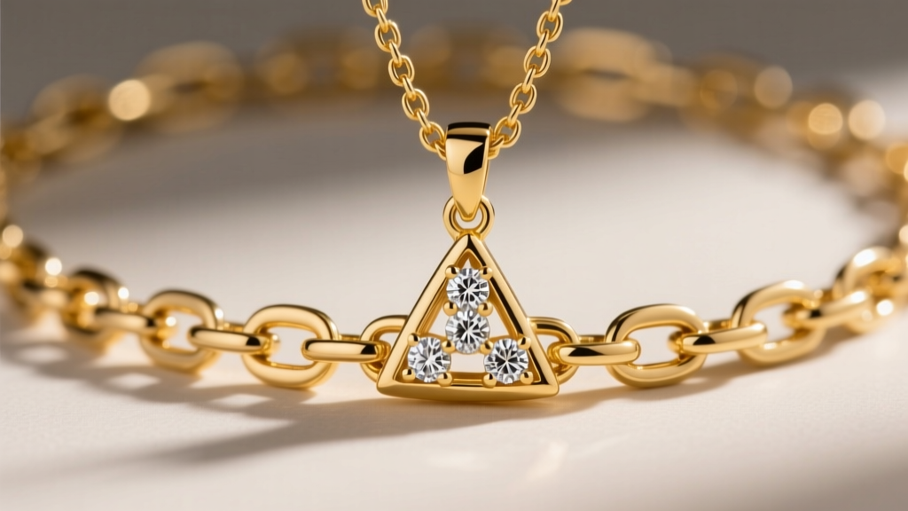 Macro shot of a 14k yellow gold rolo chain attached to a brushed finish momma necklace pendant with three micro-pave diamonds