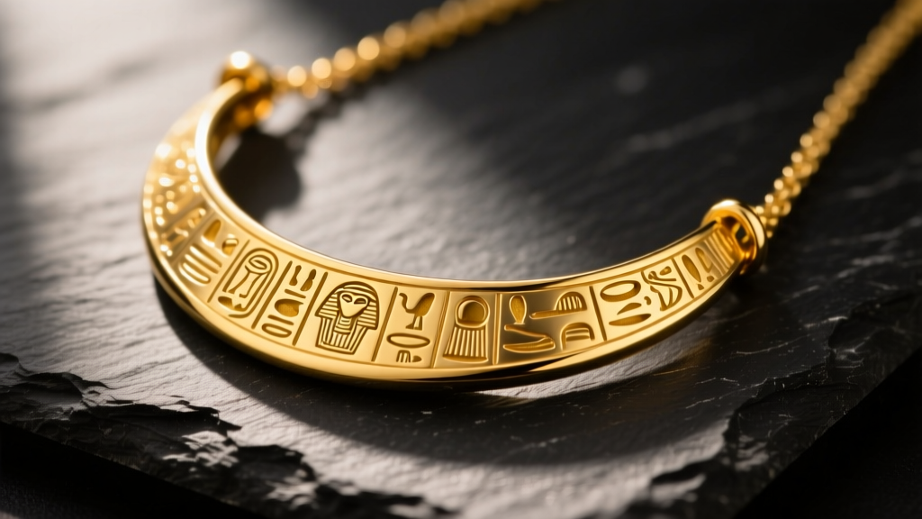 14k yellow gold cartouche hieroglyphics necklace resting on dark slate, showing deeply carved Egyptian symbols in warm sunlight