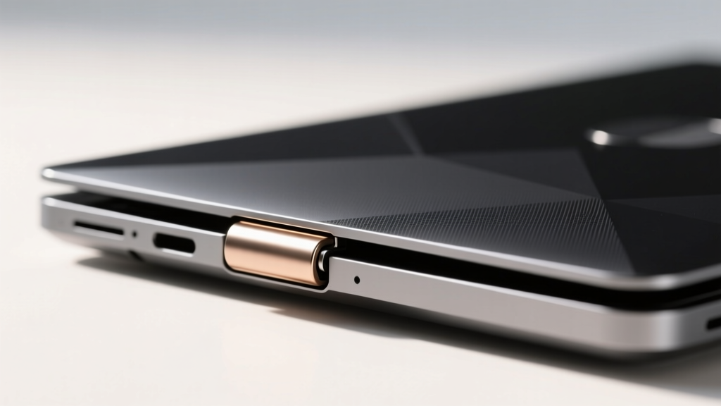 Close-up of the Mobile Pixels Trio Max magnetic hinge attachment stressing the lid of a modern 2026 laptop chassis